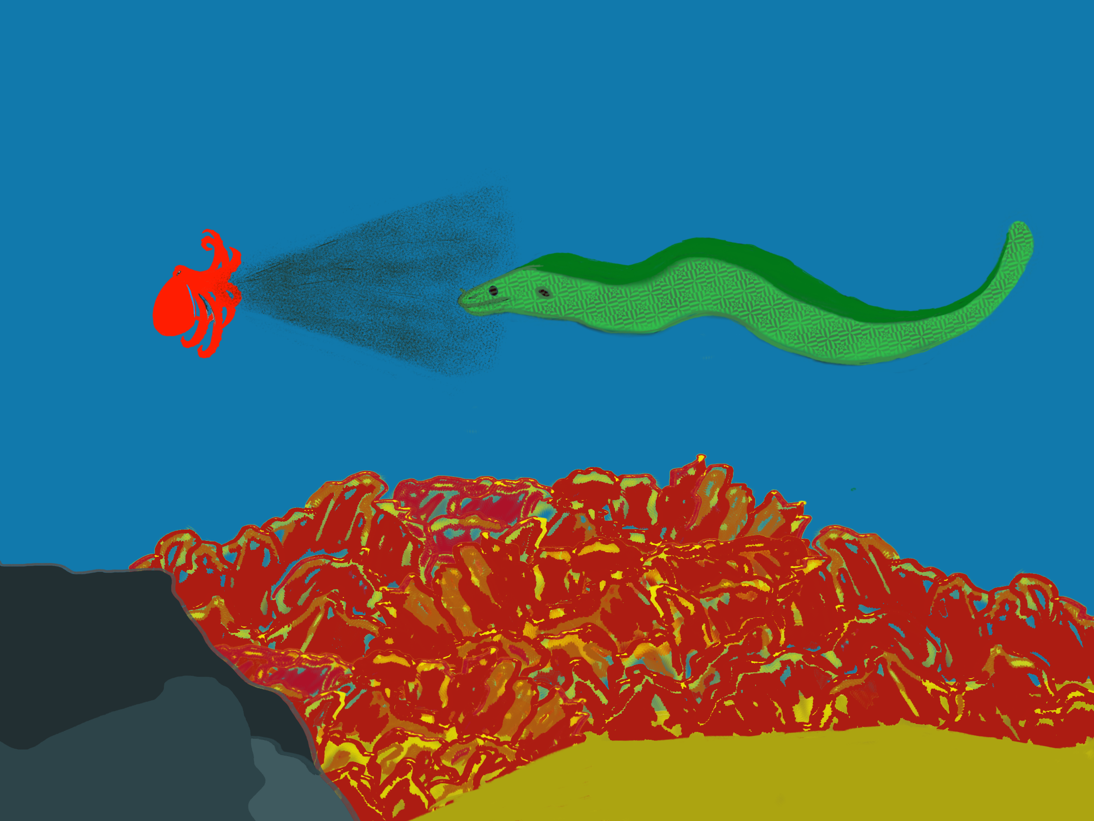 Moray eel with octopus.