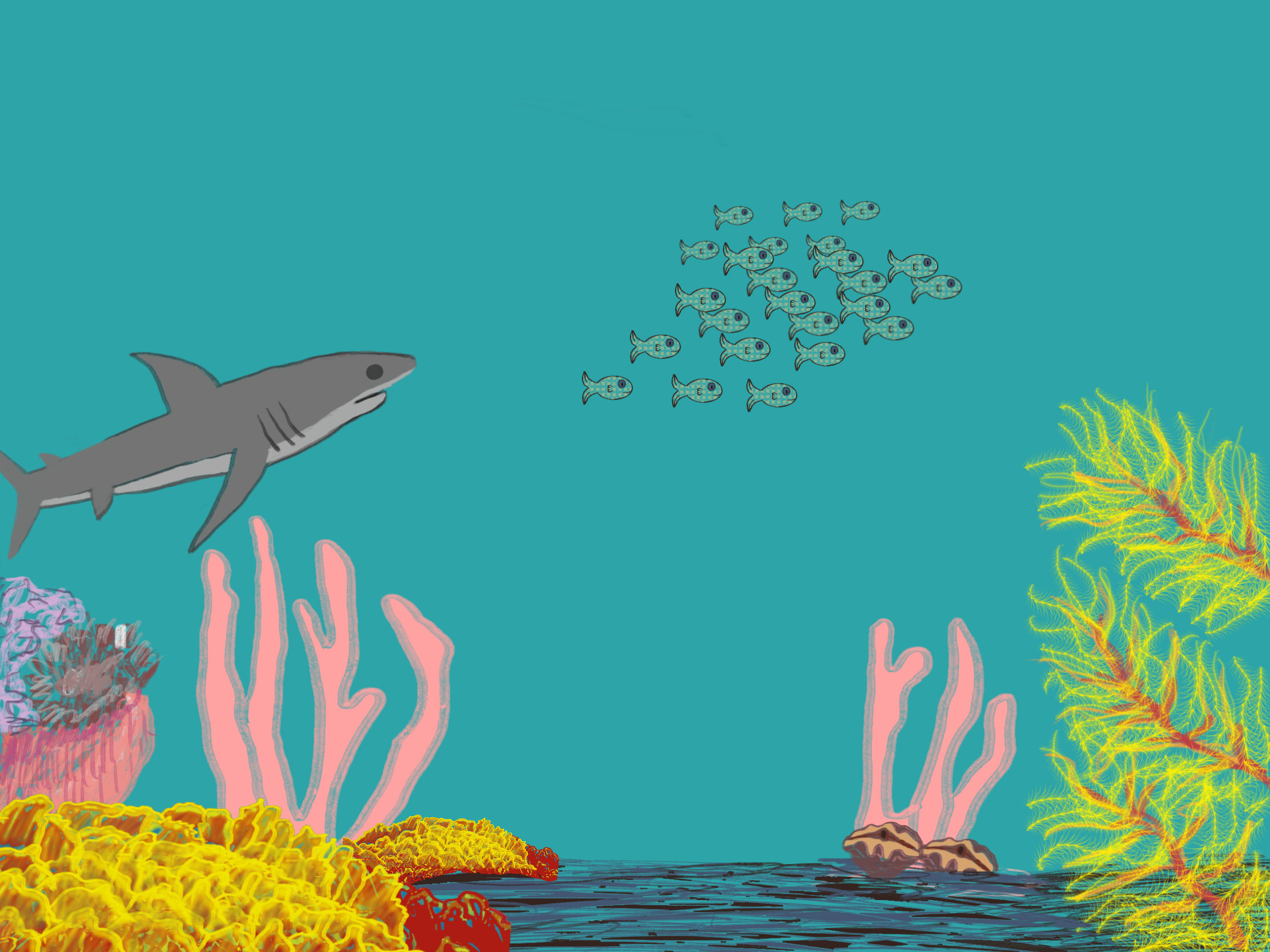 Shark and shiny silver fish.